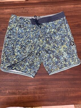 Volcom Men’s Navy and Yellow Abstract Board Shorts